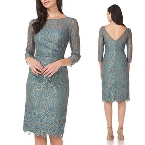 NEW JS Collections Illusion Lace Cocktail Dress Sage Gold Sz 14 Floral Metallic